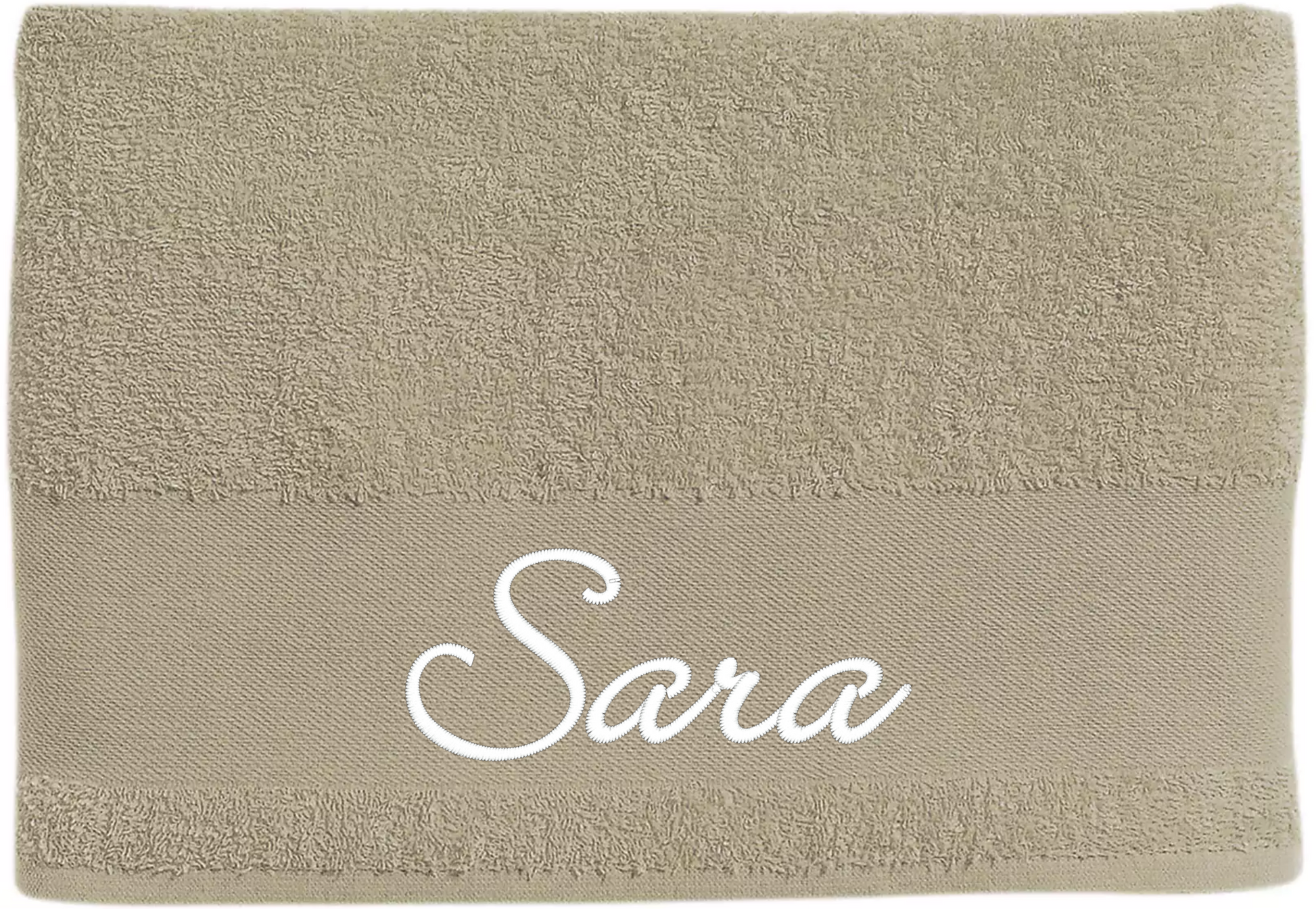 personlig handduk beige, broderad handduk med namn, handduk i bomull beige
